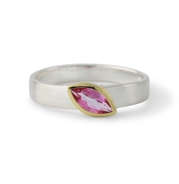 Silberring mit 8x4mm Pink Topas, 18ct vergoldet