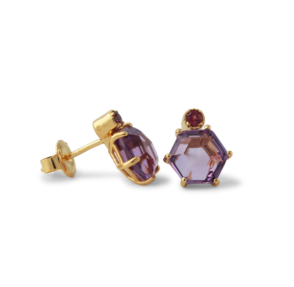 Silberohrstecker vergoldet mit Amethyst und Rhodolith