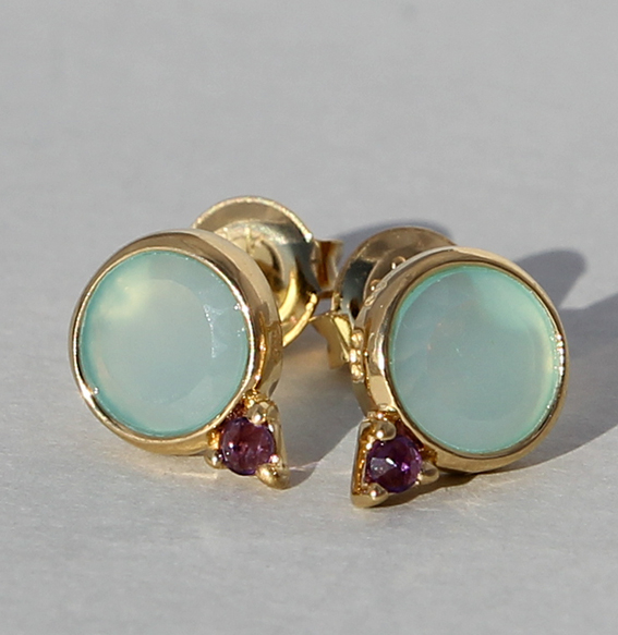 Silberohrstecker vergoldet mit Aqua Chalcedon und Amethyst | Krona